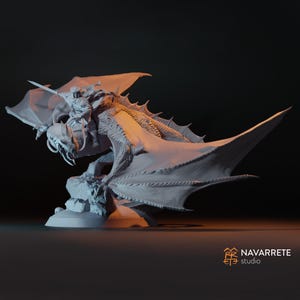 May include: A light grey sculpture of a dragon with a rider holding a sword. The dragon has large, textured wings and is perched on a rocky base. The sculpture is set against a dark background.