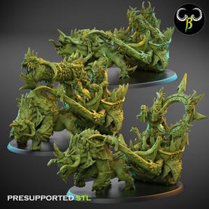 May include: A green, 3D-printed fantasy creature with multiple figures riding on its back. The creature has horns, spikes, and intricate details. The text "PRESUPPORTED STL" is at the bottom. The image is of a miniature for tabletop gaming.