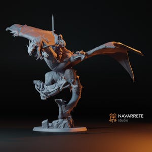 May include: A detailed, light grey dragon sculpture with a rider and a sword. The dragon has large wings and a serpentine lower body, perched on a rocky base. The sculpture is set against a dark background.