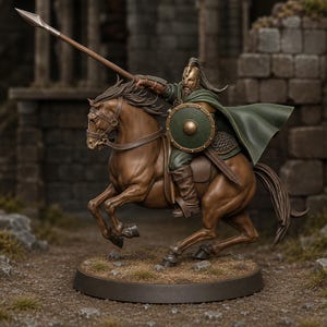 May include: A miniature figurine of a mounted warrior riding a brown horse. The rider wears a gold helmet, green cloak, and armour, holding a long spear and a round green shield with gold trim. The figure is mounted on a circular black base.