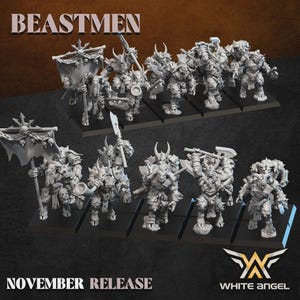 May include: A collection of detailed, unpainted Beastmen miniatures, arranged on black bases. The figures are in various action poses, wielding weapons and banners. The text "BEASTMEN" and "NOVEMBER RELEASE" are visible.