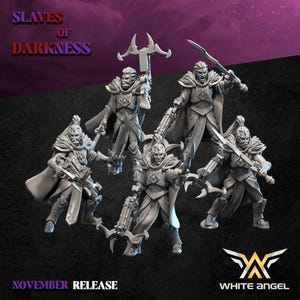 Op de afbeelding: Een groep van vijf grijze miniatuurfiguren, elk met wapens en het dragen van harnassen en capes. De figuren zijn afkomstig uit de "Slaves of Darkness" collectie. De tekst "November Release" en het White Angel logo zijn ook zichtbaar.