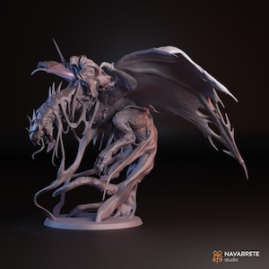 May include: A detailed, grey dragon figurine with large, textured wings and a menacing pose. The dragon has sharp claws, horns, and a long, serpentine neck. The figurine is mounted on a circular base, ideal for fantasy enthusiasts.