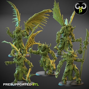 Pode incluir: Uma coleção de cinco figuras de fantasia verdes e detalhadas. Cada figura tem chifres, armadura e armas. As figuras estão em bases circulares. O texto "PRESUPPORTED STL" está na parte inferior.