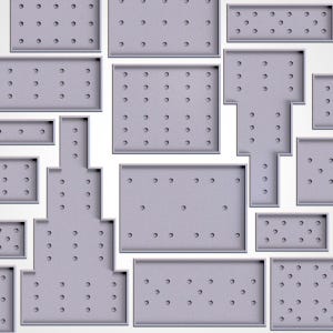 Könnte beinhalten: Ein abstraktes Muster aus verschiedenen grauen rechteckigen und geometrischen Formen mit kleinen, gleichmäßig verteilten Löchern. Die Formen sind mit einem dünnen, silbernen Rand umrandet, wodurch ein geschichteter Effekt vor einem weißen Hintergrund entsteht.