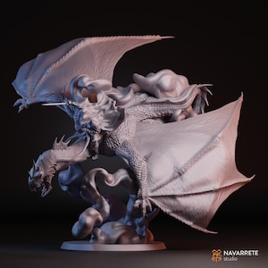 May include: A detailed sculpture of a dragon with outstretched wings, claws, and a long tail. The dragon is depicted in a dynamic pose, with intricate scales and a menacing expression. The sculpture is a light grey colour and sits on a round base.