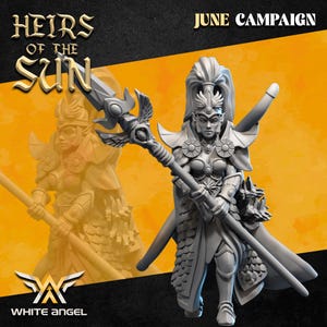 Peut inclure: Figurine miniature grise d'une femme guerrière tenant une lance, avec le texte "HEIRS OF THE SUN" et "JUNE CAMPAIGN". La figurine porte une armure et une cape. Le logo White Angel est en bas.