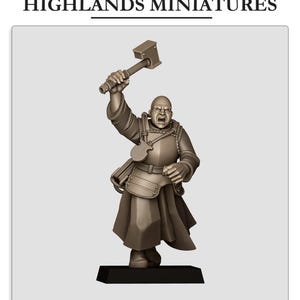 May include: A miniature figurine of a bald, muscular figure in armour, holding a hammer aloft. The figure is on a black base. The text "HIGHLANDS MINIATURES" is at the top of the image.