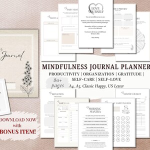 Puede incluir: Un planificador digital con fondo beige y texto negro. El planificador se titula "Mindfulness Journal Planner" e incluye el texto "Productividad | Organización | Gratitud | 80+ páginas | Autocuidado | Amor propio | A4, A5, Classic Happy, US Letter". El planificador incluye páginas para la gratitud diaria, el mantra de la mañana, el presupuesto mensual y el seguimiento de los hábitos.
