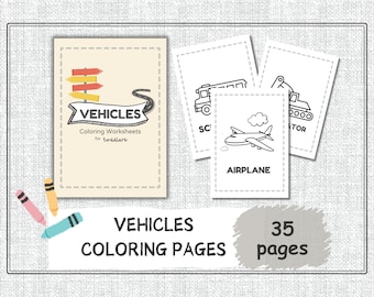 May include: A set of 35 colouring pages featuring various vehicles for toddlers. The pages include a school bus, an aeroplane, and an excavator. The cover page features a title that says "VEHICLES Colouring Worksheets for toddlers".