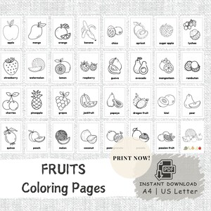 May include: A set of 30 black and white coloring pages featuring various fruits. Each page has a single fruit with its name printed below. The pages are designed for children to color.