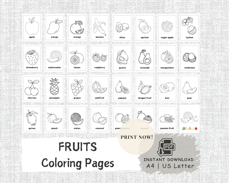 May include: A set of 30 black and white coloring pages featuring various fruits. Each page has a single fruit with its name printed below. The pages are designed for children to color.