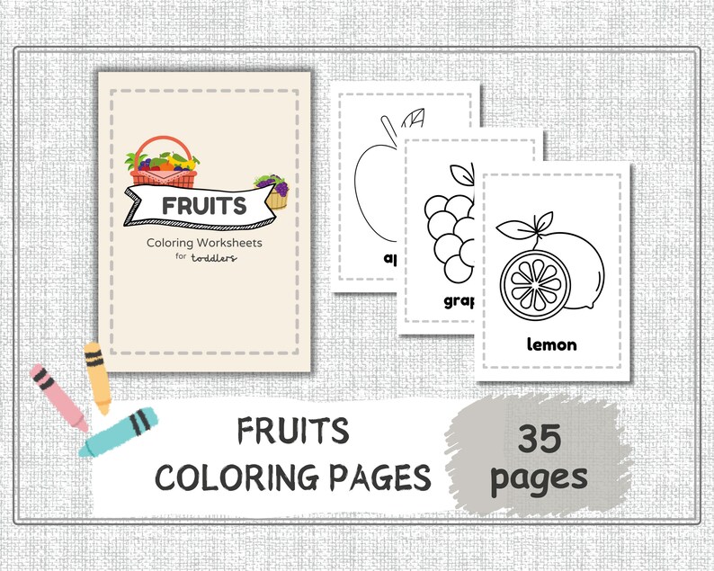 A coloring book worksheets cover page entitled Fruits with a preview of 3 out of 35 pages of coloring sheets - apple, grapes, lemon in black outline.