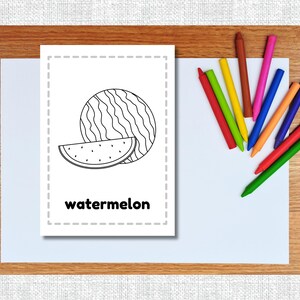 May include: A black and white line drawing of a watermelon. The word "watermelon" is written below the image.