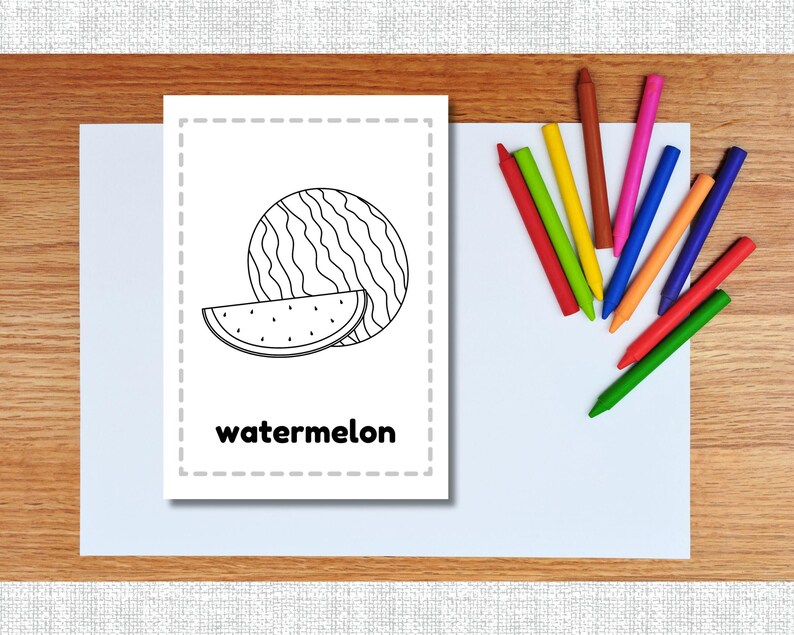 May include: A black and white line drawing of a watermelon. The word "watermelon" is written below the image.