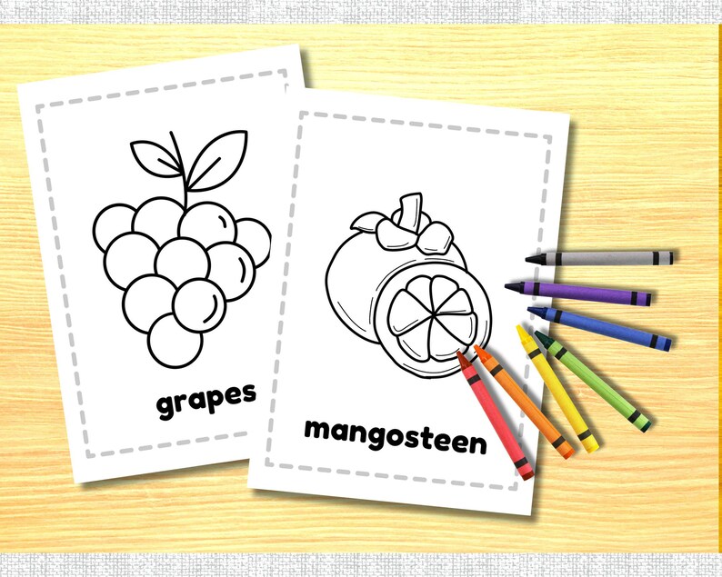 May include: Black and white coloring page featuring a bunch of grapes and a mangosteen. The words "grapes" and "mangosteen" are written below each fruit.