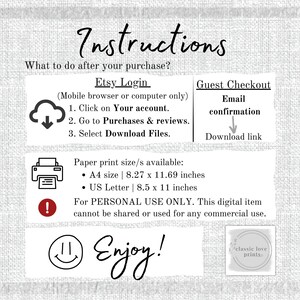 May include: Instructions for downloading a digital printable. The image shows a cloud with a download arrow, a printer icon, and an exclamation point. The text says "Etsy Login", "Guest Checkout", "Email confirmation", "Download link", "Paper print size/s available: A4 size | 8.27 x 11.69 inches US Letter | 8.5 x 11 inches", "For PERSONAL USE ONLY. This digital item cannot be shared or used for any commercial use.", and "Enjoy!"