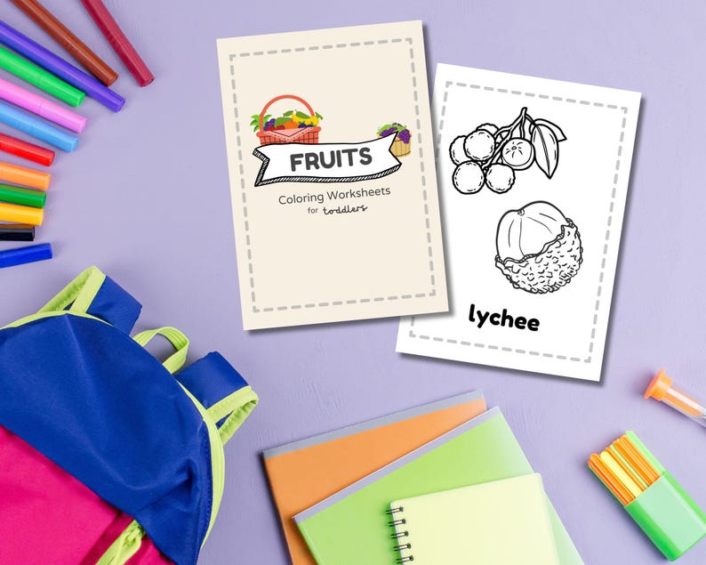 May include: A black and white coloring page featuring a lychee fruit. The page is titled "Fruits Coloring Worksheets for Toddlers".
