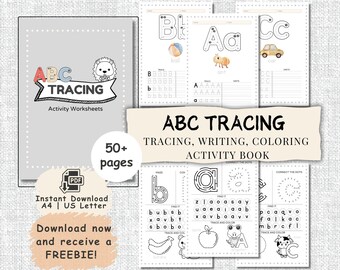 May include: A black and white printable activity book for kids featuring the alphabet. The cover shows the letters ABC with the word "Tracing" and the words "Activity Worksheets". The book includes over 50 pages of tracing, writing, coloring, and connect-the-dots activities.