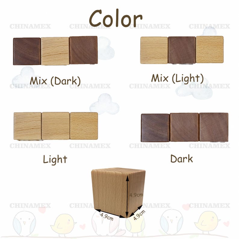 May include: Three wooden blocks in different colours: light wood, dark wood, and a mix of light and dark wood. The blocks are 4.9 cm wide and 4.9 cm tall. The blocks are labelled "Light", "Dark", and "Mix (Light)" and "Mix (Dark)".