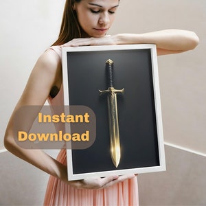 Golden Digital Sword Art Print - Elegant Wall Decor - Fantasy & Medieval Themed Artwork - High-Quality Printable Poster