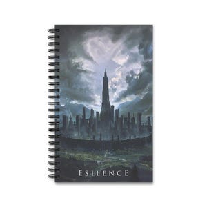 May include: Spiral-bound notebook featuring a dramatic fantasy cityscape under a stormy sky. The cover art depicts a tall, dark tower and city silhouette, with the word "ESILENCE" printed at the bottom in white.