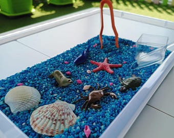 Puede incluir: Una bandeja de plástico blanca llena de arroz azul y varios juguetes con temática marina, incluyendo una estrella de mar, un cangrejo, una tortuga, una foca, un pez y dos conchas. También hay un par de pinzas naranjas y un pequeño recipiente transparente con una pala.