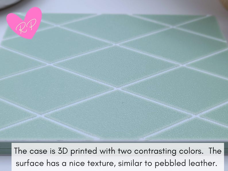 Top view of mint green diamond-pattern birth control pill case – features diamond texture and contrasting white trim in a soft, preppy pastel style.