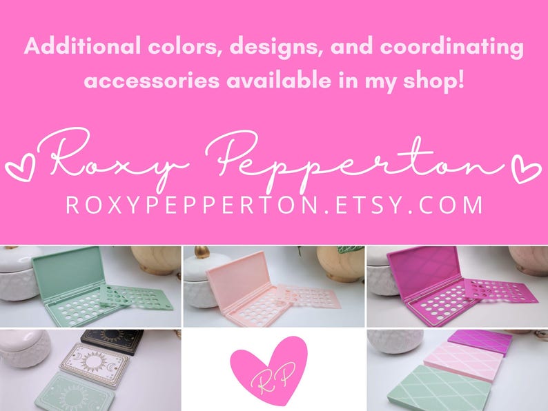 Image showing multiple styles and colors of birth control pill cases available in my Etsy shop