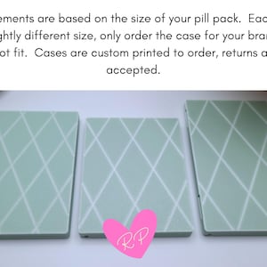 Three mint green diamond-pattern pill cases in different sizes – shows how each custom case is sized to match specific birth control pill brands.