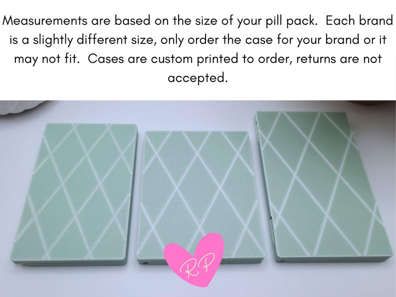 Three mint green diamond-pattern pill cases in different sizes – shows how each custom case is sized to match specific birth control pill brands.