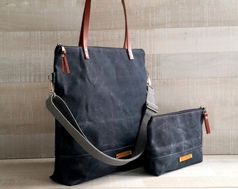 Waxed Canvas Tote Bag in Charcoal | Milano, Canvas tote bag with pouch, waxed diaper tote bag, leather strap canvas tote bag.