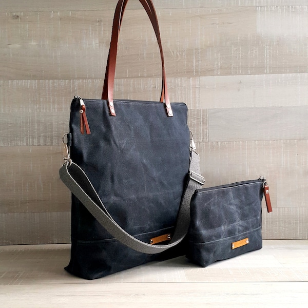 Waxed Canvas Tote Bag in Charcoal | Milano, Canvas tote bag with pouch, waxed diaper tote bag, leather strap canvas tote bag.