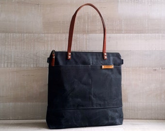 Waxed Canvas Tote Charcoal Black, sac fourre-tout en toile ciré, sac à bandoulière en toile ciré