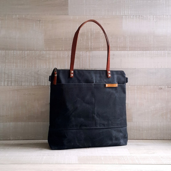 Waxed Canvas Tote Charcoal Black, Waxed canvas tote bag, Waxed canvas shoulder bag