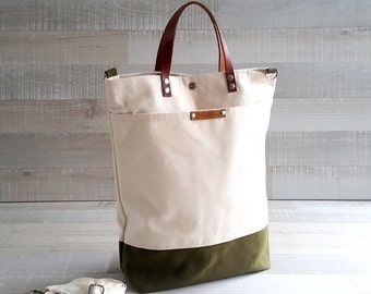 Comfy Unisex Tote, canvas tote bag, Natural Cream and army green waxed canvas, men tote bag, women tote bag, Christmas gift, Messenger Bag