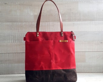 WAXED CANVAS TOTE in Red and Brown ZiPPERED, Unisex, Laptop Bag, Diaper Bag, Work Bag, School Bag, Leather Straps, Macbook Pro Bag, Tote