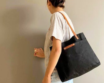 Black Waxed Canvas Tote Bag: Medium Waterproof Tote with Pocket