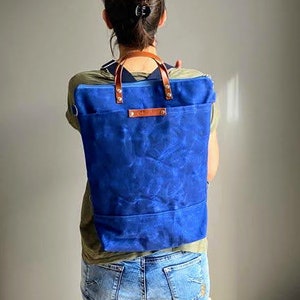 Waxed Canvas Backpack in BLUE, Convertible Backpack, Diaper Backpack, A3, Rucksacks true blue image 3