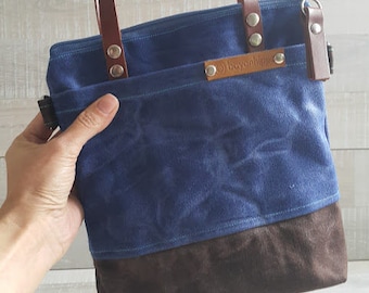 MiNi WAXED CANVAS TOTE in Blue and Brown ZiPPERED, Unisex, Small Bag, Work Bag, School Bag, Leather Straps, Mini Tote, Small Tote, medium