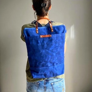 Waxed Canvas Backpack in BLUE, Convertible Backpack, Diaper Backpack, A3, Rucksacks true blue image 1