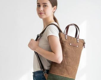 Gewachster Baumwoll-Canvas: Karamellbrauner & dunkelgrüner Rucksack, MacBook 13 Zoll Laptop