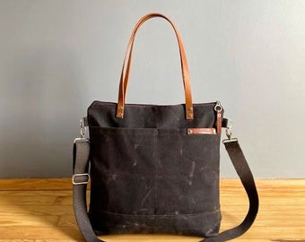 ASSoS - WAXED CANVAS TOTE in Chocolate BRoWN ZiPPERED, Unisex, Laptop Bag, Diaper Bag, School Bag, Leather Straps, Macbook Pro Bag, Tote