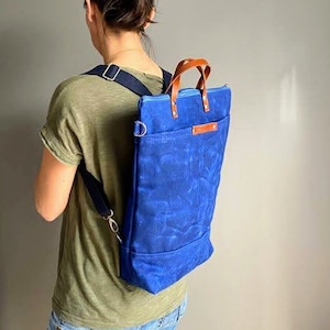 Waxed Canvas Backpack in BLUE, Convertible Backpack, Diaper Backpack, A3, Rucksacks true blue image 2