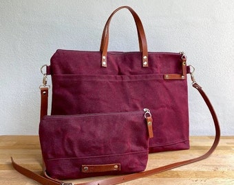 OLYMPOS - Waxed Canvas Weekender Tote Bag in BURGUNDY / Dark Red