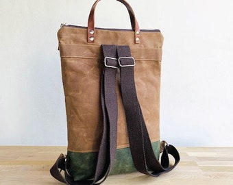 PERGE - Waxed Canvas Backpack - Caramel / Dark Green, Rucksack, Macbook 13" Backpack, Rucksack, Outside Pocket Backpack