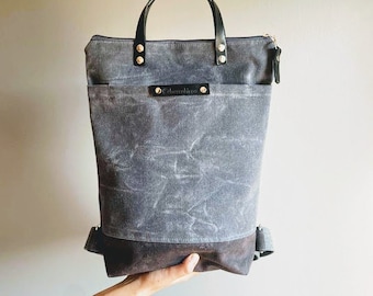 PERGE - Waxed Canvas Backpack - Gray / Dark Gray, Rucksack, Macbook 13" Backpack, Rucksack, Outside Pocket Backpack