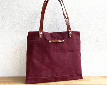 MiLETOS - Medium Waxed Canvas Tote in BURGUNDY - Waterproof Tote - Simply Tote Bag - Outside Pocket