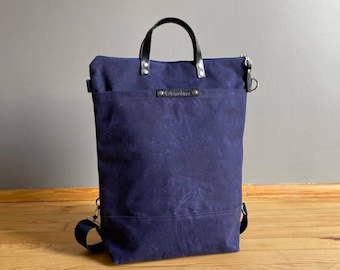 MYRA - Waxed Canvas Backpack, Convertible Backpack in Navy (Dark Blue), Diaper Backpack, A3 waxed canvas Bag, Rucksack, Multi pockets bag