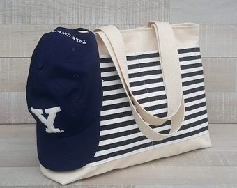 YAHO! Beach Tote Bag, LARGE tote, Black and White thin striped, market tote, stripe tote bag, black white stripes, shoulder bag